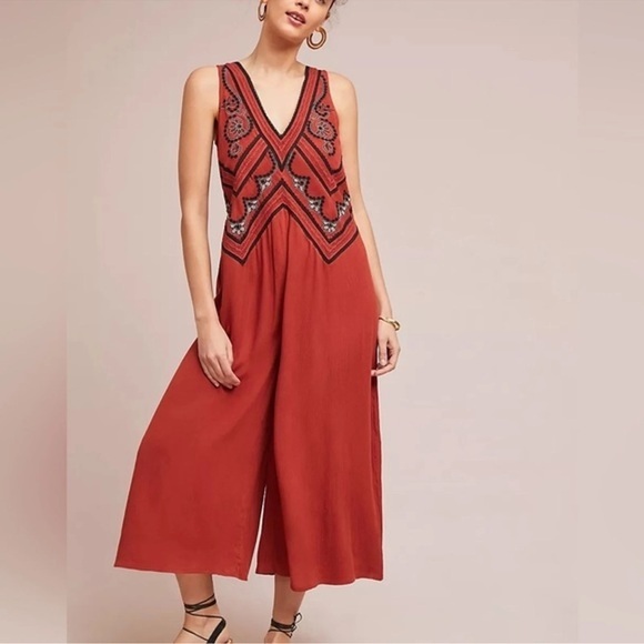 Anthropologie Maeve Embroidered Lace Burnt Orange Black Cropped Jumpsuit Size S - Picture 1 of 8